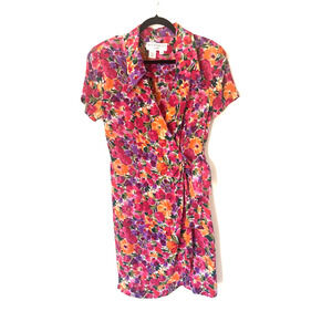 Vtg Jack Mulqueen Dress 12 Silk Womens Floral Short Sleeve Wrap 80s